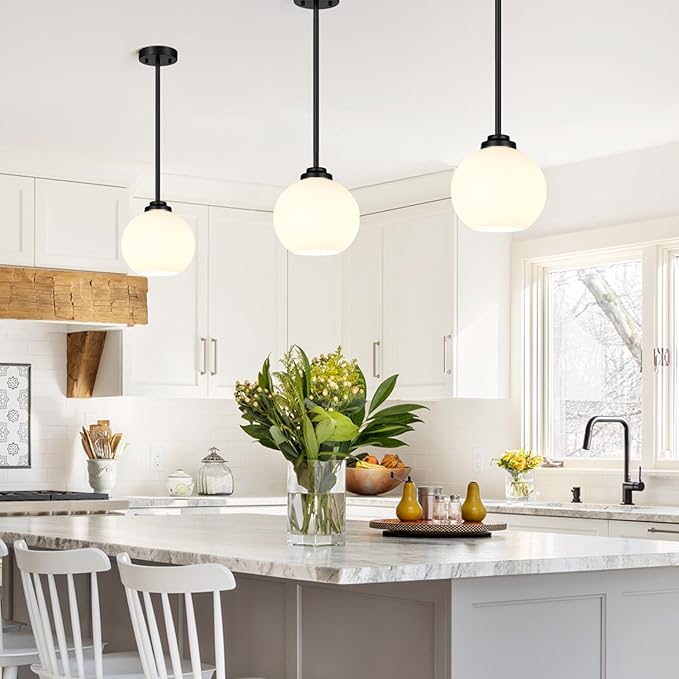2 Pack 7.2-Inch Globe Pendant Lights, Mid Century Matte Black Pendant Light Fixtures, Globe Pendant Lights Kitchen Island with Milk Glass Shade Hanging Fixture for Dining Room Bulbs not Included