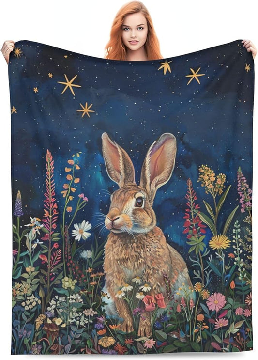Bunny Throw Blanket Cute Rabbit Floral Decor Blanket Super Cozy Plush Lightweight Soft Plush Flannel Fleece Jungle Animal Forest Blanket Gifts for Girls Boys Kids Women Men for Sofa Bed Couch 40"X50"