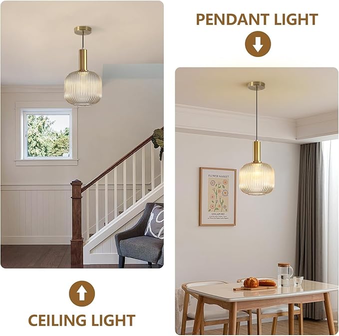 KCO Lighting Amber Glass Globe Pendant Light Mid Century Modern Kitchen Island Pendant Lighting Gold Single Pendant Light Fixture Vintage Brass Hanging Ceiling Light for Living Room Dining Room