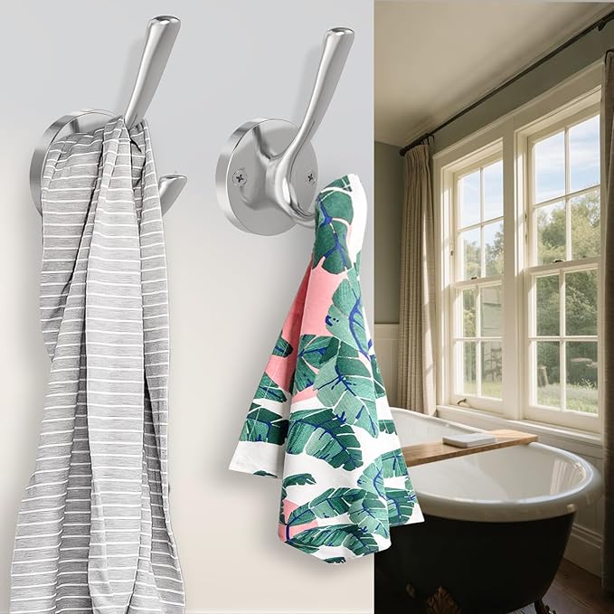 Brushed Nickel Wall Hooks Towel Hooks, 2 Pack Coat Robe Hook Heavy Duty Bathroom Double Hook Wall Mounted, Hand Towel Hooks for Closet Entryway Cubicle Kitchen