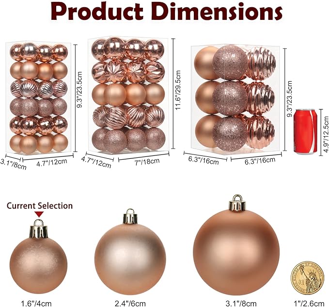 1.57" Rose Gold Christmas Ornaments for Christmas Tree 36 Pcs Mini Shatterproof Balls Christmas Tree Decorations Small Xmas Ornaments Ball with Hanging Loop for Wedding Holiday Party Wreath Home Decor