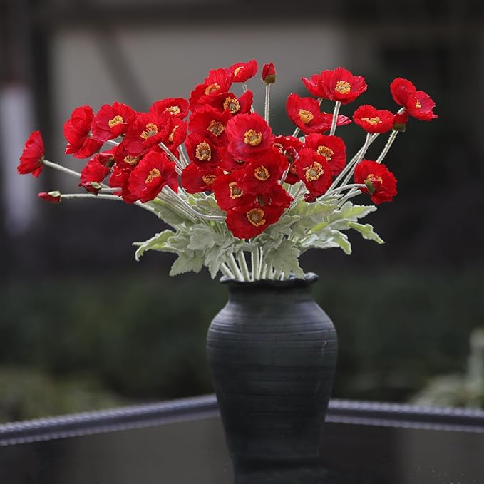 12PCS Red Poppy Flowers Artificial 23" Real Touch Stems Faux Poppies Silk Flowers for Home Decor Indoor (Red)