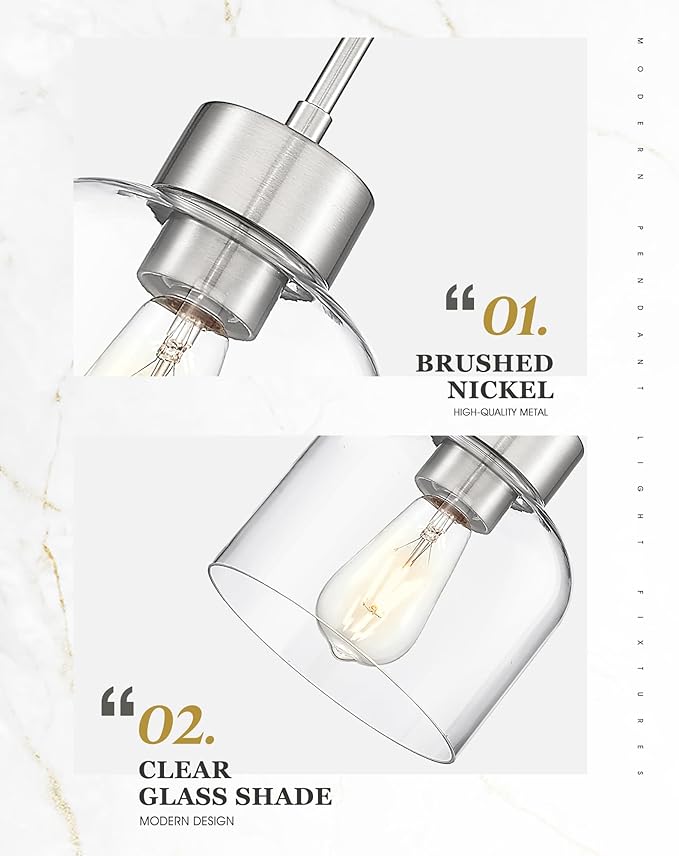 Pendant Lights Kitchen Island, 7" Brushed Nickel Hanging Lights Fixtures with Clear Glass Shade, Modern Kitchen Pendant Lighting Over Island for Dining Room, AD-24024-1P-SN