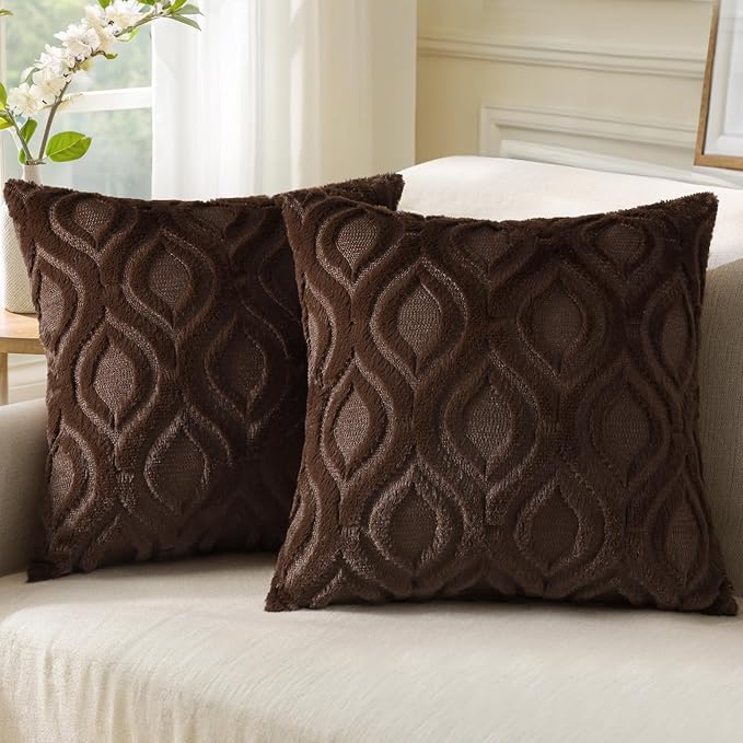decorUhome Throw Pillow Covers 24x24 Inch Set of 2, Soft Plush Faux Wool Brown Solid Couch Pillow Covers, Accent Farmhouse Neutral Square Pillow Cases for Sofa Bed Living Room
