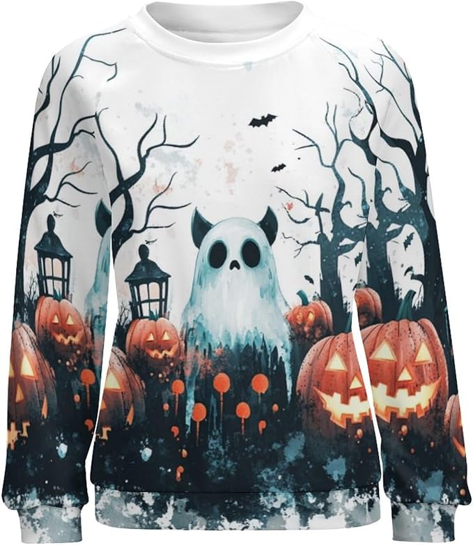 Halloween Sweatshirts for Women Funny and Spooky Print Crewneck Oversized Pullover Outdoor Lounge Fashion Sweater
