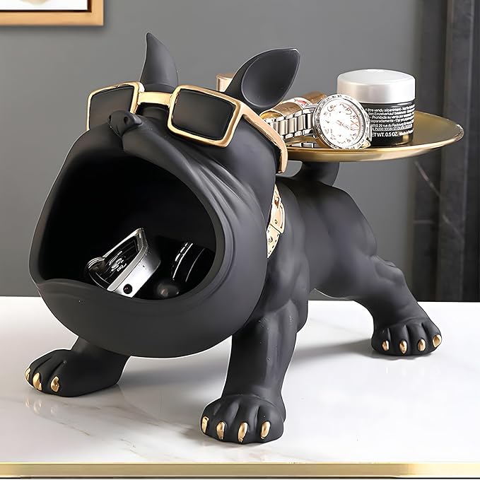 Resin French Bulldog Tray Statue, Bulldog Candy Dish Key Holder Bowl, French Bulldog Accessories, Statues for Office Desk Home Decor Figurines Entryway Table Decor (Black)