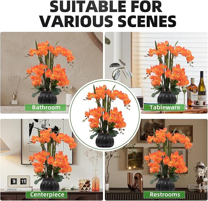 CXGS Artificial Orchid Flower Plant 19.7'' Real Touch Faux Orchids in Ceramic Vase Orange Fake Phalaenopsis Flower Arrangement Silk Orchids with Stems for Centerpiece Table Home Indoor Decor