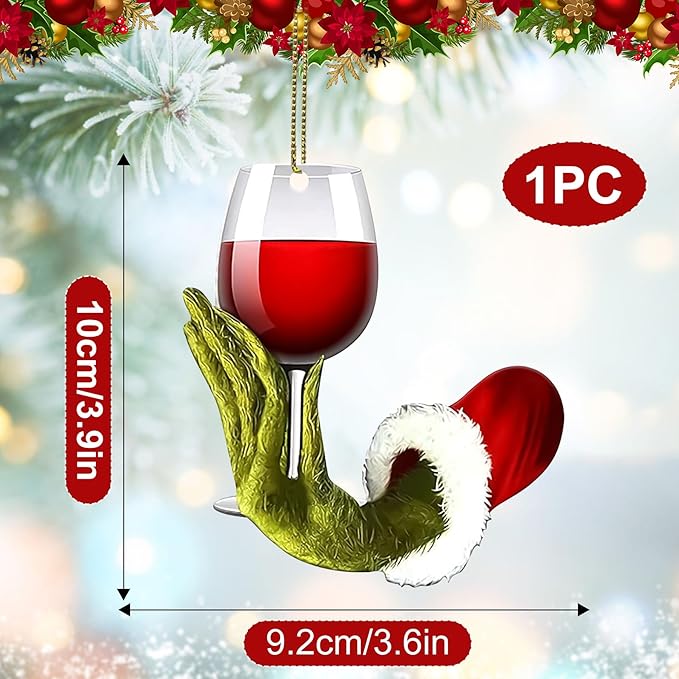 Wine Ornaments for Christmas Tree-2D Acrylic Wine Cup Green Hanging Decorations, Funny Christmas Ornaments,Unique Christmas Ornaments for Stocking Stuffers & Xmas Gifts