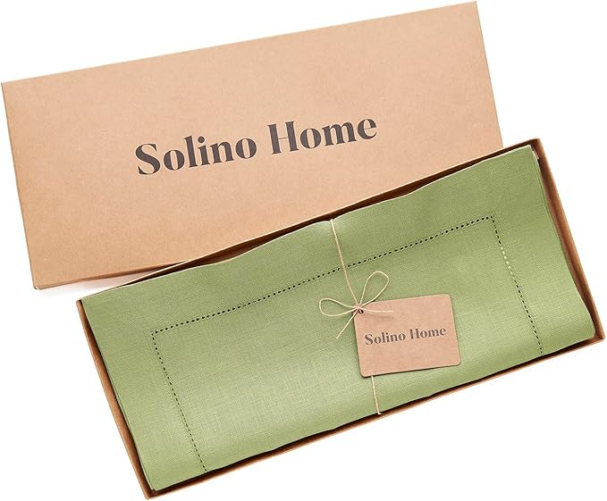Solino Home Linen Moss Green Table Runner 72 Inches Long - 100% Pure Linen Hemstitch Table Runner 14 x 72 Inch for Dresser, Dining, Winter, Spring, Easter, St Patricks Day - Classic Hemstitch