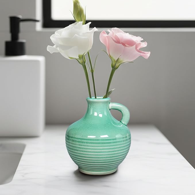 Sunddo Green Ceramic Vase 6 Inch - Small Decorative Vases with 1 Handle, Textured Modern Vase for Home Decor, Bathroom, Bedroom, Living Room, Centerpiece, Table Decor