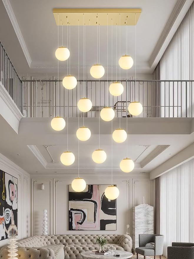 16-Light Gold Chandelier with White Globe Glass Dimmable Ceiling Light Glass Pendant Light for Kitchen Island, Dining Room, Living Room, Entry Hallway