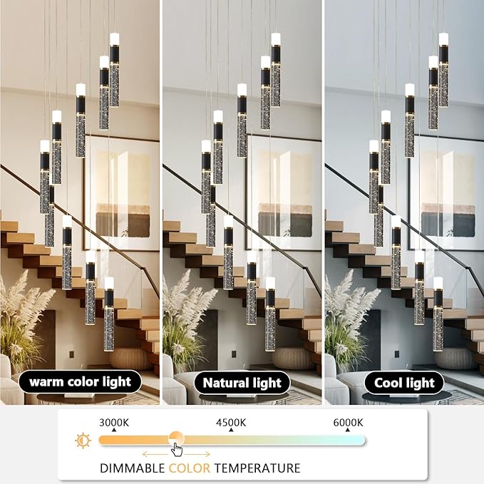 Modern Chandelier,Dimmable Black Gold Led Chandelier for High Ceilings Long Chandelier for Staircase with Remote Controller