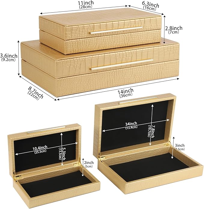 HofferRuffer Faux Leather Decorative Boxes Set of 2, Large Nesting Keepsake Box Accessory Organizer Jewelry Organizer with Hinged Lid, Stacking Storage Box Container for Home or Office (Gold)