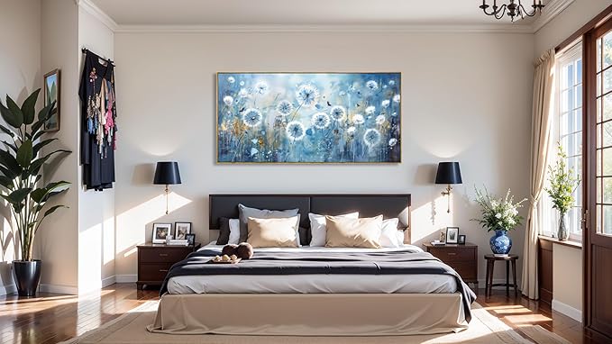 Wall Art Modern Artwork Blue Dandelion Wall Decor Floral Picture Canvas Painting for Living Room Bedroom Dining Room Home Office Decor 20"x40" with Framed