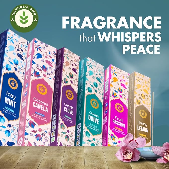 Incense Sticks Gift Pack – 6 Fragrances x 20 Sticks Each, Hand Rolled Insents with Incense Holder – Coconut Canela Fruit Passion ICY Mint Ocean Drive Canela Clove Tangy Lemon