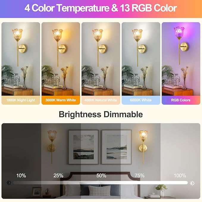 2 Pack Vintage Battery Operated Wall Sconce with Amber Glass Lampshade, Wireless Rechargeable Battery Powered RGB Wall Light with Remote Control, for Bedside Bedroom Doorway