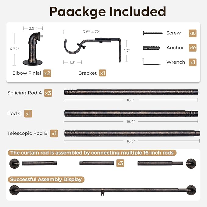 Zeerobee Curtain Rods for Windows 48 to 84, 1 Inch Industrial Wrap Around Vintage Bronze Curtain Rod, Indoor/Outdoor Room Divider Adjustable Drapery Pole, 48"-86"