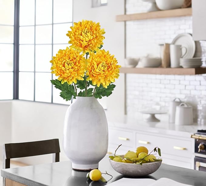 Hollyone 3Pcs Fake Mums Flowers Yellow Artificial Chrysanthemum Flowers Silk 30" Long Stem Floral Arrangements Bouquets Faux Spider Mum Flower Pincushion Flower Bush Spring Home Decor