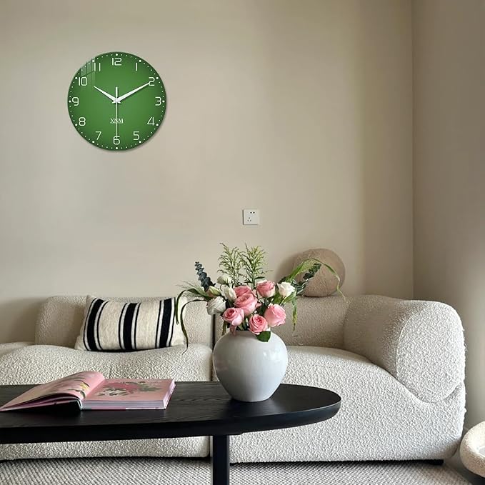 XNM Bedroom Clock Battery Operated Glass Minimalist Green Wall Clock 12 Inch Round Small Wall Clock Silent Non Ticking