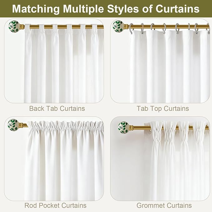 Ceramic Curtain Rods for Windows 48 to 84 Inches Adjustable Length Heavy Duty 1" Diameter Window Curtain Rod with Modern Green Leaf Pattern Decorative Finials for Bedroom Living Room Kitchen