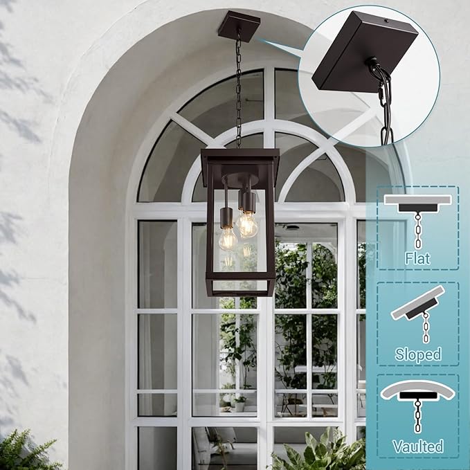 LOUSACE 16'' Large Outdoor Pendant Light 3-Lights Oil Rubbed Bronze Outdoor Chandelier Exterior Hanging Porch Light Fixtures Adjustable Ceiling Mount Outside Pendant Lantern for Entryway Front Door