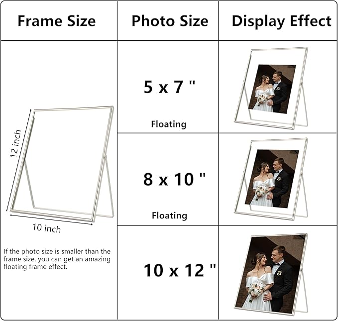 Silver 10x12" Floating Frame for Picture(5x7'',7x9'',8x10''),Adjustable Tabletop/Shelf floating picture frame 8x10'',Classy Gift Choice for Wedding,Thanksgiving,Christmas,Home or Office Decor