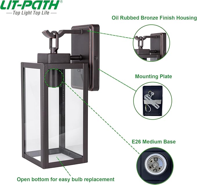 LIT-PaTH Outdoor Wall Lantern, Wall Sconce as Porch Lighting Fixture, E26 Medium Base Max 60W, Anti-Rust Metal with Glass Shade, Oil Rubbed Bronze Finish, 1-Pack
