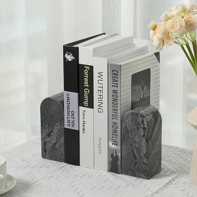 Koville African Natural Marble Bookends for Shelves, 7lbs Heavy-Duty Marble Book Holders, Decorative Book Ends, Bookshelf Apartment Decor for Normal Books/CD/Video Games
