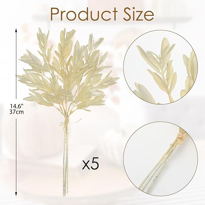 5 Stems Artificial Fall Greenery – 14.6" Olive Leaf Stems for Autumn Floral Arrangements, Thanksgiving Centerpieces, Fall Decor Bouquets, Soft Cream