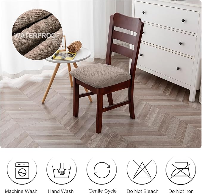 Genina Waterproof Seat Covers for Dining Room Chairs, Stretch Chair Seat Covers Removable Washable Dinning Room Kitchen Chair Cushion Slipcovers (Leaves-Taupe, 6 PCS)