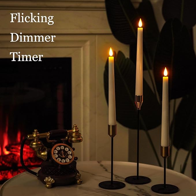 Homemory 6 Pcs Waxy Flameless Taper Candles with Remote, Led Candlesticks Classic Tall Candle, Flickering Battery Operated Taper Candles for Bedroom, Dining Room, White, 9.6 inches
