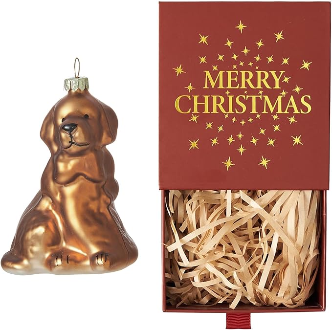 WDS WONDROUS Dog Ornament Christmas Tree Decor - Glass Animal Ornament, Cute Gold Christmas Hanging Ball Decor, Small Xmas Ornaments for Tree Winter Holiday Decor Gift(2.55”)