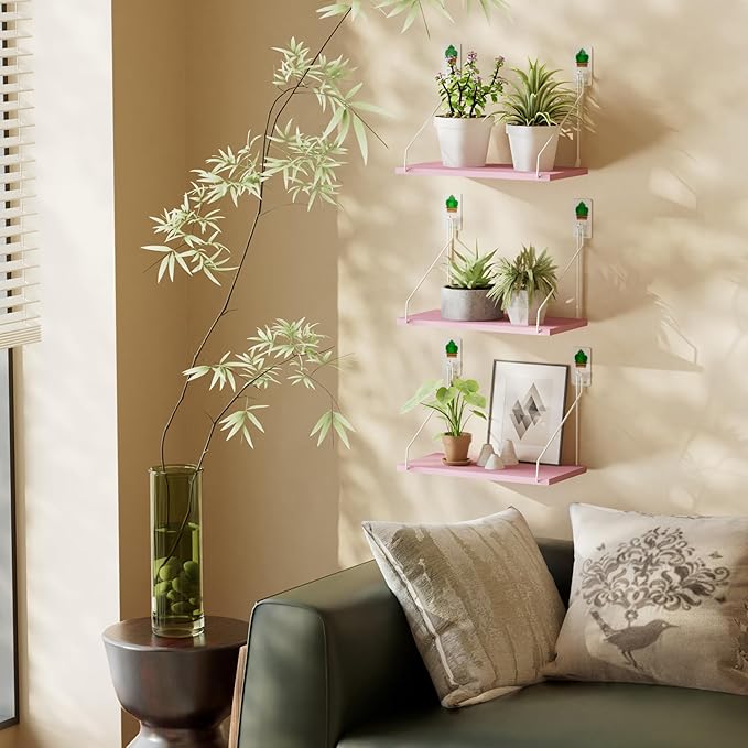 Elevate Your Space with Rustic Wood Floating Shelves Set of 3- Perfect for Bedroom, Living Room, Bathroom, and Kitchen Decor - Easy Installation, No Drilling Needed!