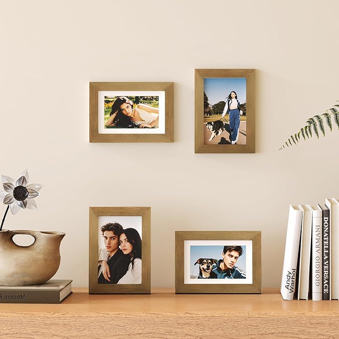 Egofine 4x6 Frames Set of 4, Made of Solid Wood Covered by Plexiglass 3x4.5 and 3.5x5 with Mat or 4x6 without Mat, for Table Top Display and Wall Mounting Photo Frame, Light Brown