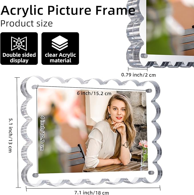 3 Pack Acrylic Picture Frame: 4x6inch Magnetic Picture Frames, Double Sided Magnet Frames,10+10mm Thick Block, Clear Photo Scalloped Frames Freestanding for Desktop Display