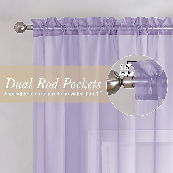 Lecloud 72 Inch Light Purple Sheer Curtains & Panels Set of 2, Airy & Breathable Solid Voile Lavender Curtain for Girls Bedroom, Gauzy Window French Door Living Room Drapes with Rod Pockets, 40W x 72L