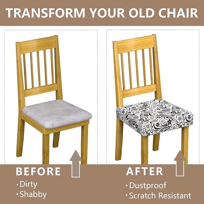 Stretch Dining Chair Seat Covers Set of 6,Dining Chair Slipcovers, Floral Printed Chair Covers,Soft Fabric Washable Upholstered Chair Seat Protector, No Rear Covers for Home Kitchen Dining Room