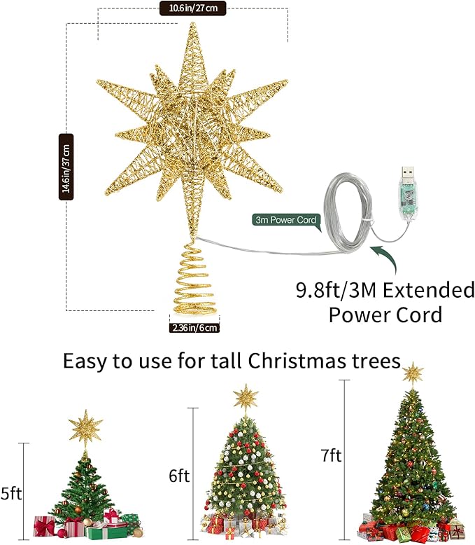 Lewondr Christmas Star Tree Topper, USB Powered Remote Controlled 11 Inch Multilayer Hexagonal Tree Topper Christmas Decor with 8 Light Modes for Home Holiday Xmas, Timer Function, Colorful, Gold