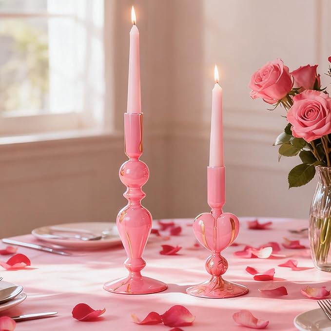 DN DECONATION Pink & Gold Glass Candle Holders Set of 2, Heart Taper Candle Holders for Valentine's Day, Candlestick Holder Wedding Decorations, Farmhouse Home Coffee Table Decor & Housewarming Gifts