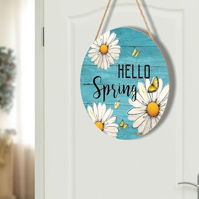 Spring Daisy Flower Sign for Front Door Hello Spring Wall Hanging Sign 12”x12” Welcome Butterfly Wood Door Hanger Farmhouse Rustic Blue Daisy Floral Wreath Sign for Home Outdoor Outside Porch Decor