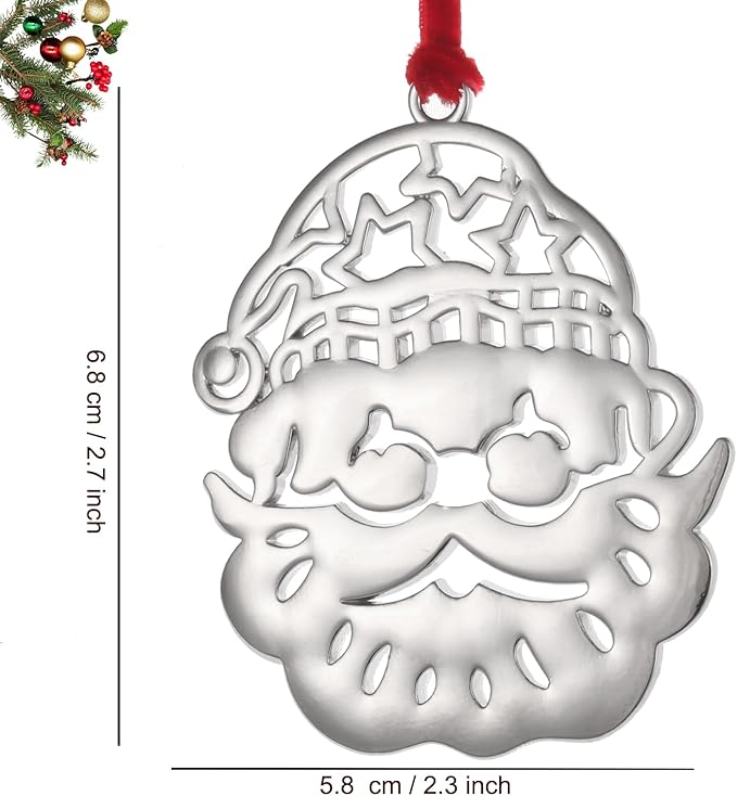 Santa Christmas Ornament -Silver Christmas Tree Ornament Set - Metal Hanging Ornament for Christmas Tree - Christmas Ornament Holidy Annual Keepsake (Santa)