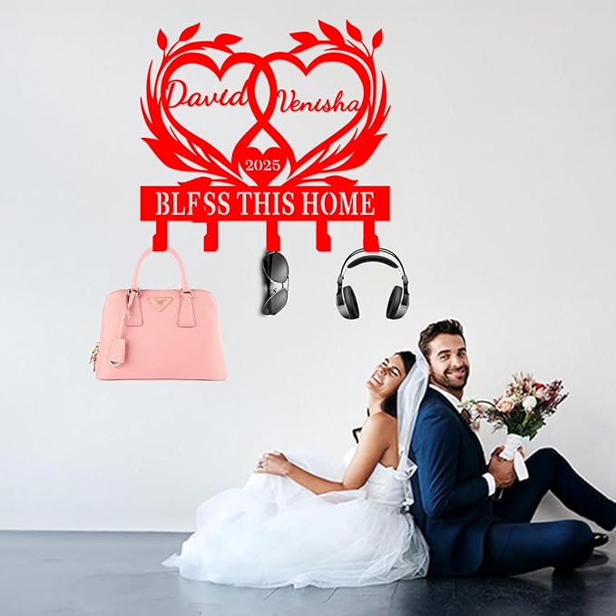 Personalized Gifts for Couples Key Holder Custom Heart Metal Hooks Key Rack Personalized Key Holder for Wall Custom Name Key Hooks Anniversary Wedding Gifts