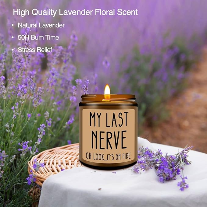 Homsolver Gifts for Women, Funny Friendship Gift for Best Friend - My Last Nerve Lavender Candle - Birthday Christmas Unique White Elephant Stocking Stuffers Gifts for Adults, Women, Her, BFF, Sister