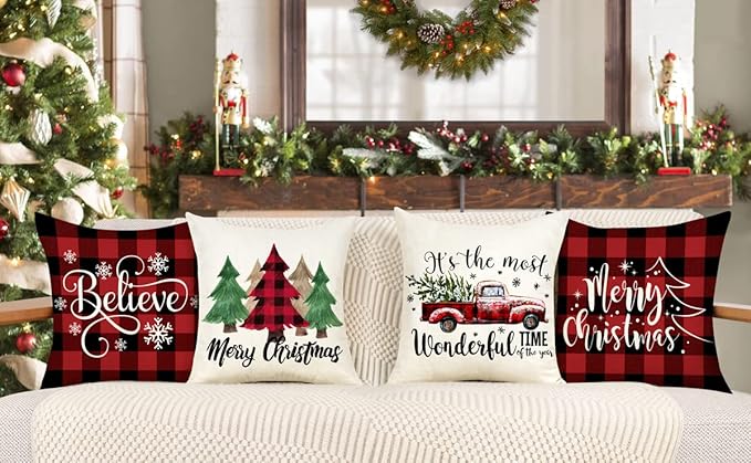 4TH Emotion Buffalo Check Christmas Pillow Covers 18x18 Set of 4 Red Black Farmhouse Christmas Decorations Winter Holiday Decor Throw Cushion Case for Home Couch S22C38