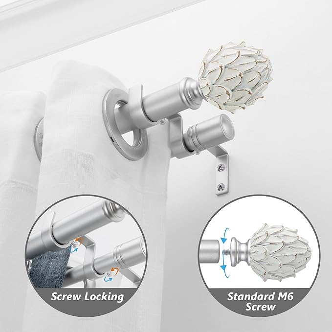 Silver Double Curtain Rod 66 to 120 Inches, 6/8 Inch +1 Inch Telescoping Heavy Duty Drapery Rod with Classic Finials,Window Treatment Curtain Rod Set