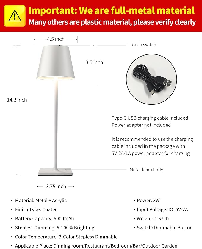 KDG 2 Pack Cordless Table Lamp, Portable LED Desk Lamp, 5000mAh Battery Operated, 3 Color Stepless Dimming Up, for Restaurant/Bedroom/Bars/Outdoor Party/Camping/Coffee Shop Night Light(White)