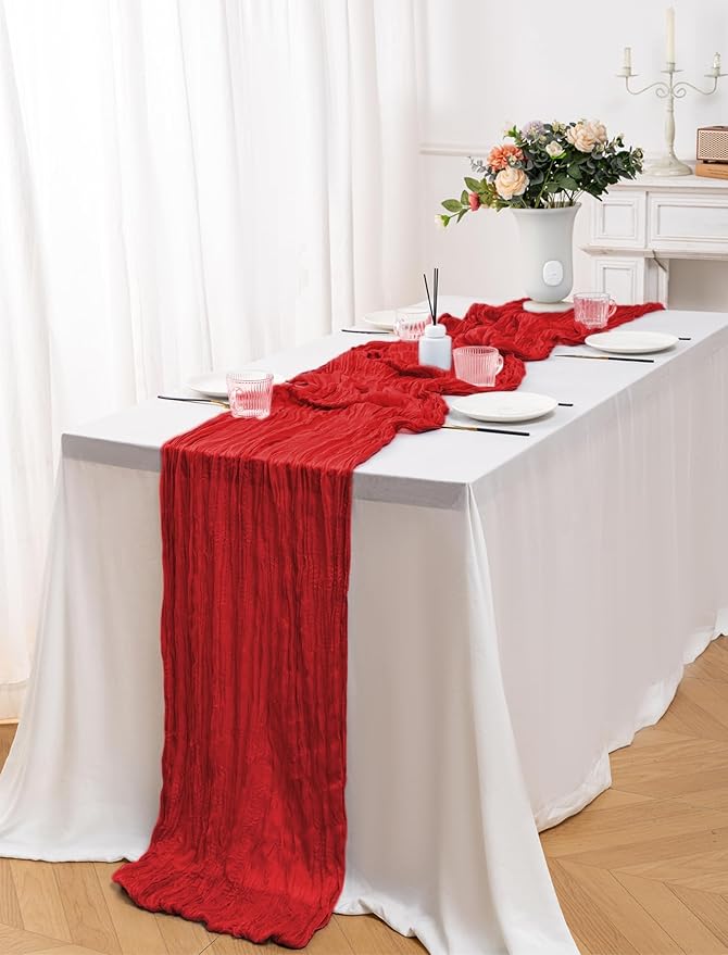 10 Pack Red Cheesecloth Table Runner,10FT/120 Inch Boho Gauze Fabric Table Runner,Rustic Sheer Red Cheese Cloth Runner Bulk for Wedding,Bridal Baby Shower,Christmas Party,Holiday Home Table Decor