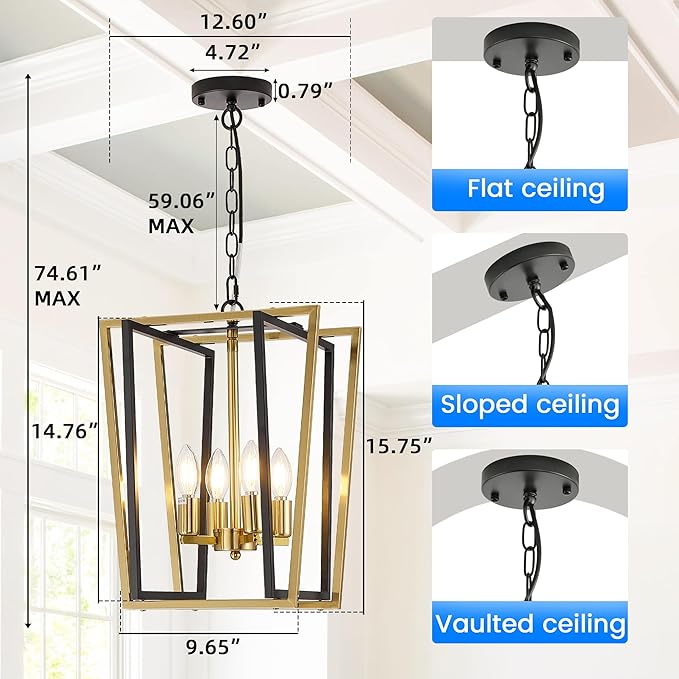 WJShome 4-Light Black and Gold Chandelier,Farmhouse Hanging Lantern Pendant Light,Industrial Ceiling Foyer Lighting Fixtures, Adjustable Height Modern Chandelier,for Kitchen Island,Hallway,Entryway