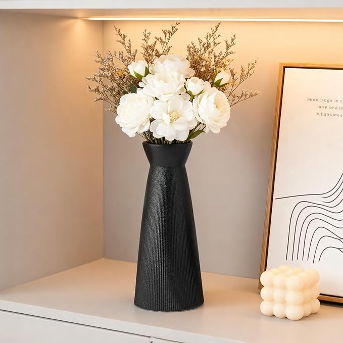Christmas Black Ceramic Flower Vases Set of 3, Large Xmas Gift Vases with Vertical Stripe Texture, Modern Decorative Vases for Dried Flowers, Home Decor for Living Room Bedroom Kitchen Shelf