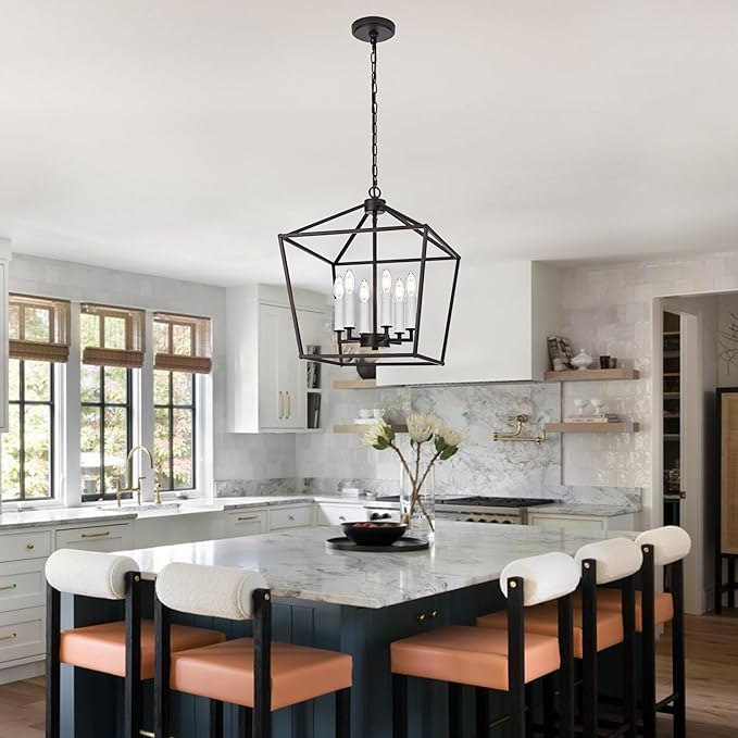 MELUCEE Vintage Lantern Pendant Light 6 Light Industrial Cage Chandelier with E12 White Candle-shaped Base Oil Rubbed Bronze Rustic Geometric Hanging Light Fixture for Kitchen Island Foyer Dining Room